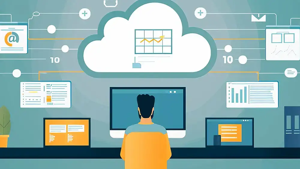 Systems integration tool image illustration man at computer with various bubbles to represent different systems.
